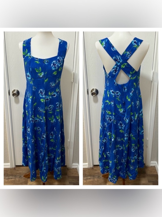 connected apparel Dresses & Skirts - Connected VTG 90s Blue Rose Floral Midi Dress Sz 14 CrissCross Back Cottagecore